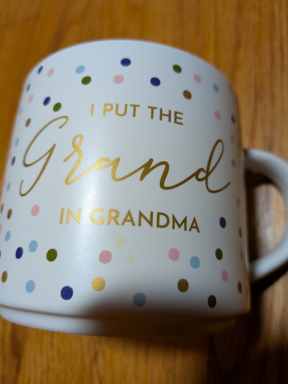 Target White Ceramic Mug with Gold Script and Multicolor Polka Dots